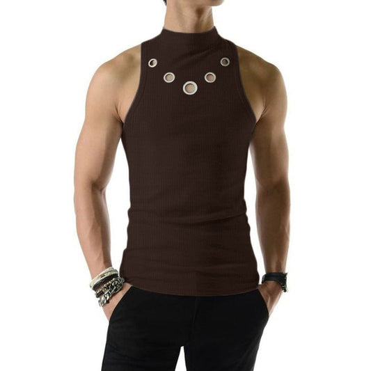 Men Tank Tops Hollow Out Solid Turtleneck Sleeveless Fashion Male Vests Streetwear Summer Casual Men Clothing S-5XL INCERUN