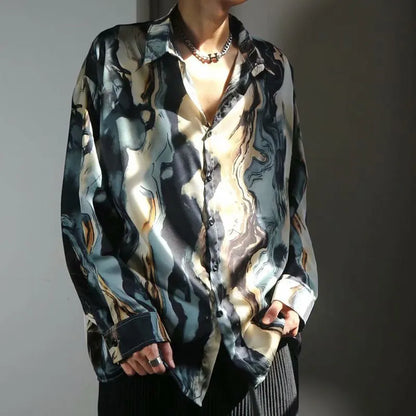 Fall Harajuku Shirts Men Y2K Style Graphic Print Long Sleeve Shirt Streetwear Mens Clothing Fashion Lapel Button-up Shirts