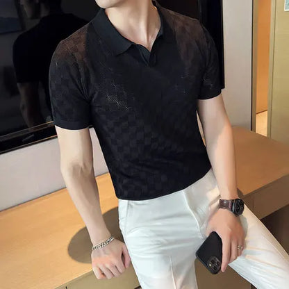 saferido British Style Men's Summer Casual Short Sleeves Polo Shirts/Male Slim Fit High Quality Plaid Business Knitting POLO Shirts S-4XL