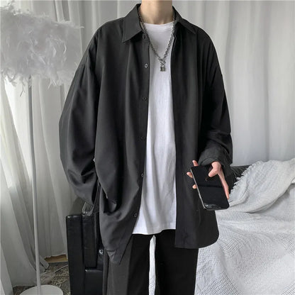 saferido Korean Fashion Ice Silk Shirts for Men Spring Summer Solid Color Long Sleeve Casual Loose Comfortable Button Up Shirt 5XL-M