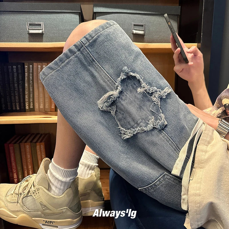 saferido New Mens Fake Zippers Jeans Shorts Korean Fashion Shorts Harajuku High Street Men Clothing Casual Shorts Streetwear Short Pants