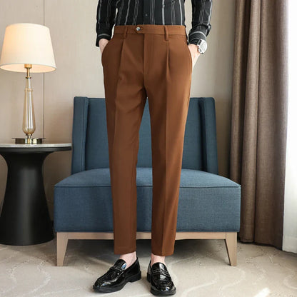 saferido British Style Men High Waist Dress Pants Autumn Solid Color Casual Trousers Slim Fit Formal Suit Pants Fashion Men Clothing 38