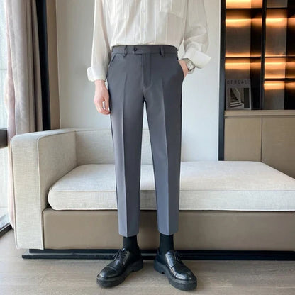 saferido  Korean Style Ankle Length Spring Men Dress Pants Stretched Simple Slim Fit Casual Office Trousers Formal Wear Hot Sale 36