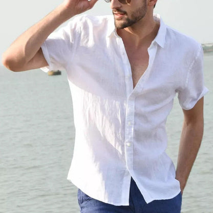 Hot Sale Men's Short-Sleeved Shirts Cotton Linen Summer Solid Color Turn-down Collar Quick Drying Casual Beach Style Plus Size