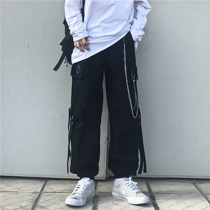 saferido Techwear Pant Sets Men Punk 3 Piece Outfits Black Cargo Pants Long Sleeve Shirts Korean Streetwear Hip Hop Spring