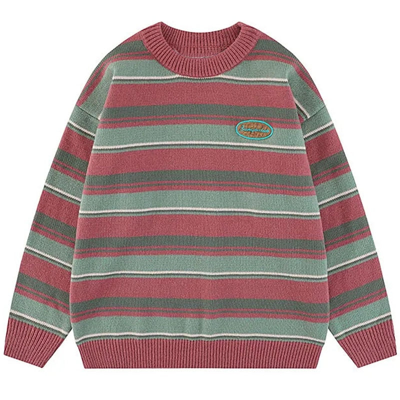Japanese Patchwork Striped Sweater Men Knitwears New Winter Retro Vintage Harajuku Pullover Knit Embroidery Knitted Sweater