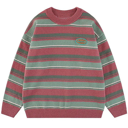 Japanese Patchwork Striped Sweater Men Knitwears New Winter Retro Vintage Harajuku Pullover Knit Embroidery Knitted Sweater