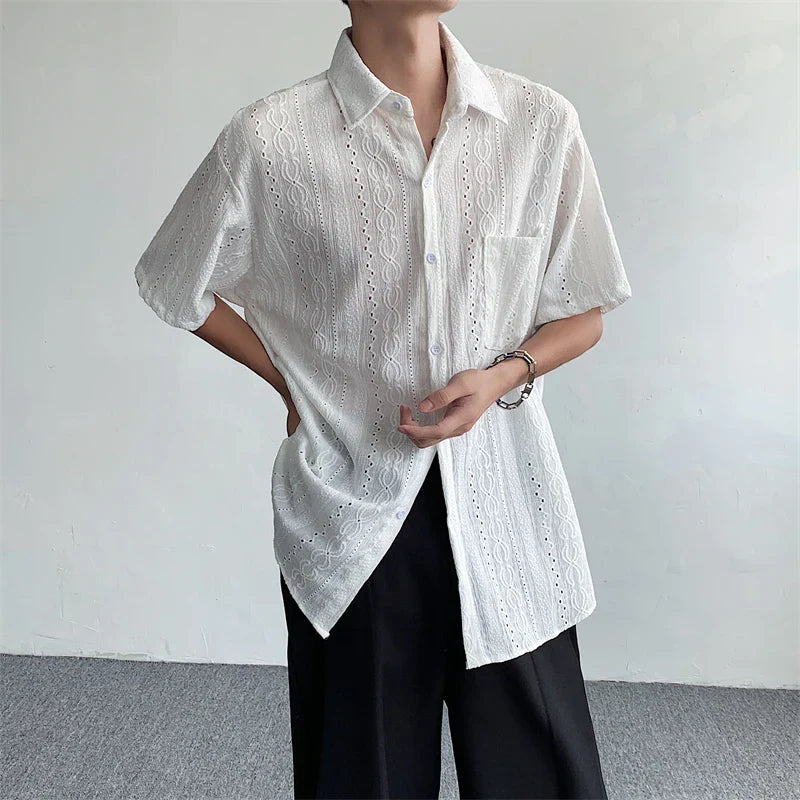 Korean Fashion Hollow Shirt for Men Summer Short Sleeve Button Trend Loose Niche Design Handsome Cotton Casual Shirts Men