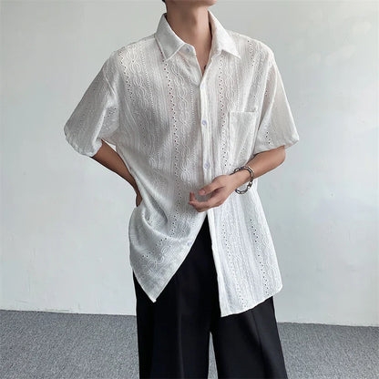 Korean Fashion Hollow Shirt for Men Summer Short Sleeve Button Trend Loose Niche Design Handsome Cotton Casual Shirts Men