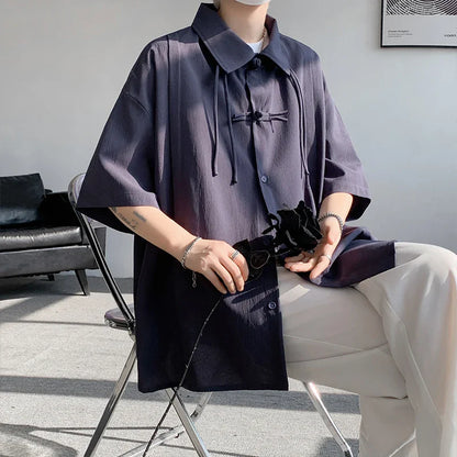 saferido Men's Casual Blouse Long Sleeve Tee Shirt Y2K Vintage Oversized Blouses Chinese Style Baggy Button Up Shirt