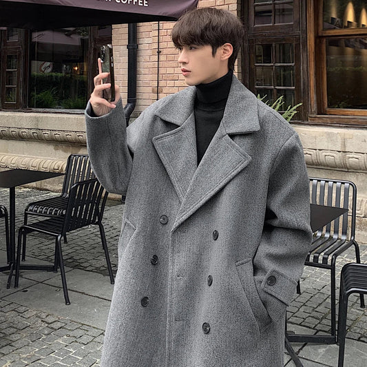 saferido Winter High Quality Woolen Trench Coats Men Korean Style Luxury Male Casual Trenchcoat Men's Streetwear Gray/Khaki/Black