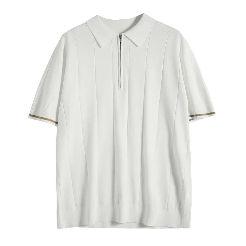 Men's Casual Zipper Polo Shirt Solid Color Texture Lapel Breathable  Leisure Tees for Men Summer Light Luxury Knitwear New