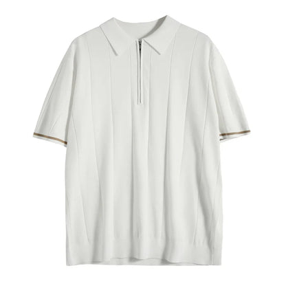 Men's Casual Zipper Polo Shirt Solid Color Texture Lapel Breathable  Leisure Tees for Men Summer Light Luxury Knitwear New