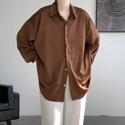 saferido Korean Fashion Ice Silk Shirts for Men Spring Summer Solid Color Long Sleeve Casual Loose Comfortable Button Up Shirt 5XL-M
