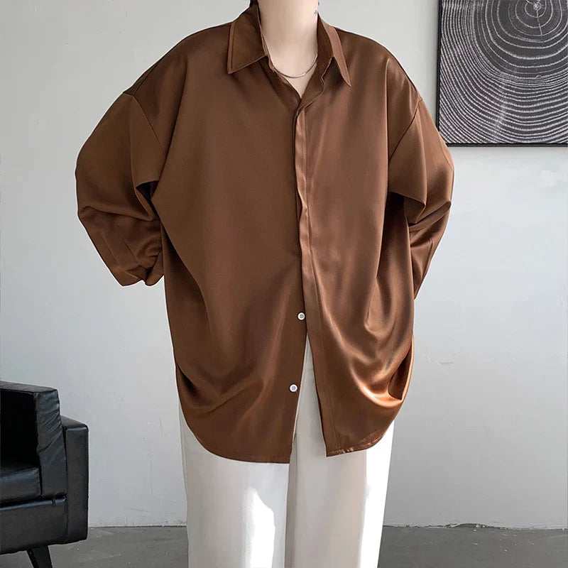 saferido Korean Fashion Ice Silk Shirts for Men Spring Summer Solid Color Long Sleeve Casual Loose Comfortable Button Up Shirt 5XL-M
