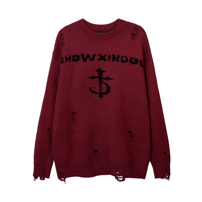 Harajuku Printed Knitwears Women Streetwear Hip Hop Destroyed Hole Ripped Pullovers Jumper Oversized Men