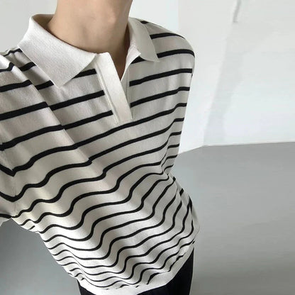 Summer Men's Clothing Light Luxury V Neck Knit Polo Shirt Korean Striped Short Sleeve Retro Fashion Leisure Slim Knitwear