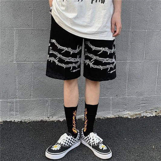 saferido Mens Casual Shorts Summer Hip-Hop Street Harajuku Style Personalized Print Simple Sports Shorts Boys Loose Straight Pants