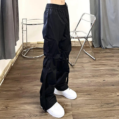 High Street Pleated Overalls Men's Pants Fashion Loose Straight Button Casual Male Trousers Solid Color Darkwear
