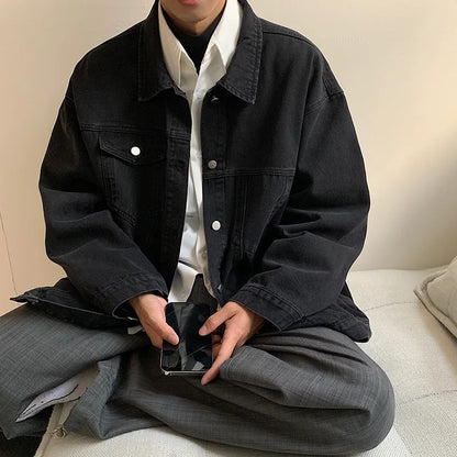 New Jacket Men's Spring and Autumn Denim Coat Korean Version On Clothes Young Student Lapel Fashion Casual Loose Tide Men