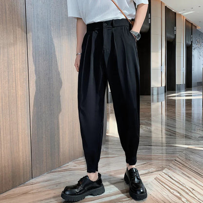 New Fashion Spring Summer Pants Men Tapered Bottom Slit Trousers Korean Style White Khaki Black Elastic Waist Casual Pants Man