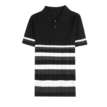 saferido  British Style Men's Fashion Lce Silk Stripe Knitting POLO Shirts/Male Slim Fit Short Sleeve Leisure POLO Shirts S-3XL