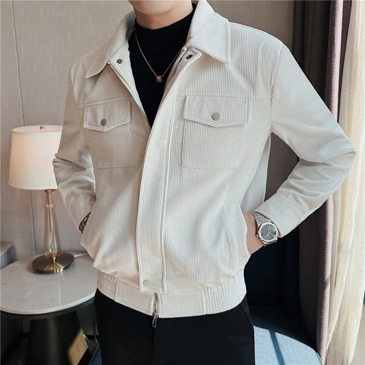 Autumn Winter Corduroy Jacket Men Lapel Short Bomber Jacket Fashion Business Casual Coat Social Streetwear Outwear Men Clothing