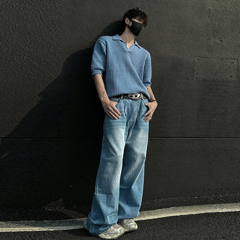 Summer Men's Clothing Light Luxury Korean Popular Hollow Out Polo Shirt Leisure V Neck Short Sleeve Solid Color Retro Knitwear