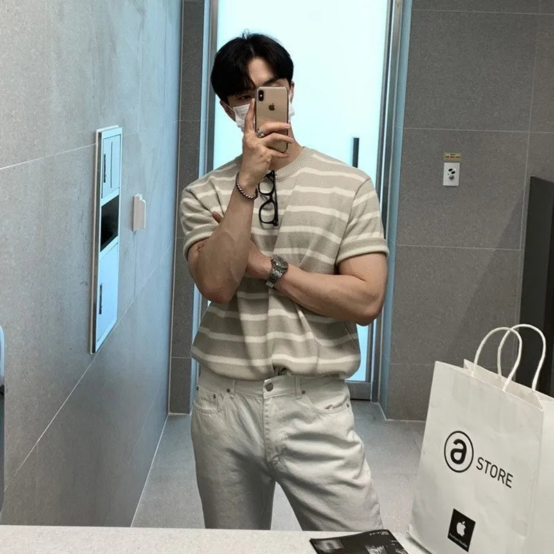Men's Clothing Leisure Luxury Knitted T Shirt Fashion O Neck Striped Short Sleeve Tees for Men Korean Popular Knitwear Summer