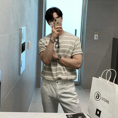 Men's Clothing Leisure Luxury Knitted T Shirt Fashion O Neck Striped Short Sleeve Tees for Men Korean Popular Knitwear Summer