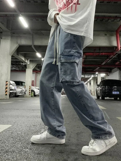 saferido Unisex Workwear Jeans Men Hip Hop Streetwear Denim Pants Spring Autumn Chic Hong Kong Style Wide Leg Straight Trousers