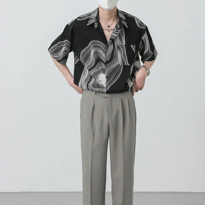 New Summer Design Irregular Silky Drape No-iron Lapel Shirt for Men Korean Fashion Texture Pattern Short Sleeve Men Shirts