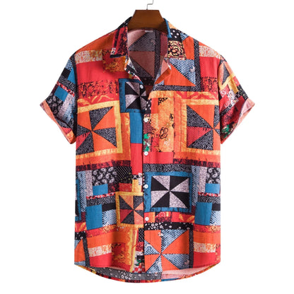 Mens Vintage Button Up Linen Shirts Slim Fit Short Sleeve Hawaiian Floral Shirt Men Casual Harajuku Streetwear Camisas Homme XXL