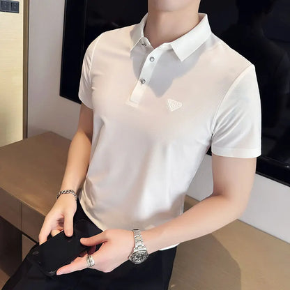 saferido British Style Men's High Elastic Ice Silk Dark Striped Lapel Polo Shirt Golf Casual Slim Fit Short Sleeve Shirt Khaki