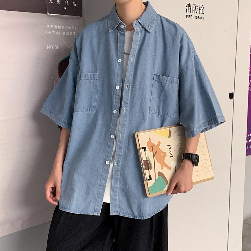 Blue Denim Short Sleeve Shirts Men Summer Thin Korean Fashion Top Vintage Oversize Baggy Cardigan Blouses Casual Man Y2K Clothes