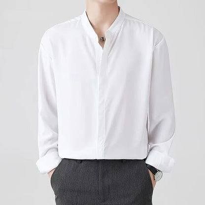 New High Quality Korean Fashion Stand Collar Shirt Men Long Sleeve Solid Color Business Casual Loose Simple Shirts for Men