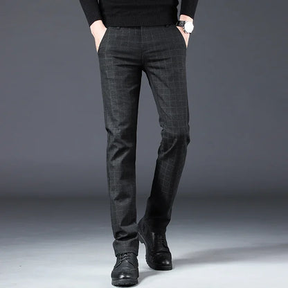 Men's New Designer Plaid Business Prom Work Stretch Trousers Male Vintage Soft Cotton Slim Fit Straight Leg Casual Long Pants