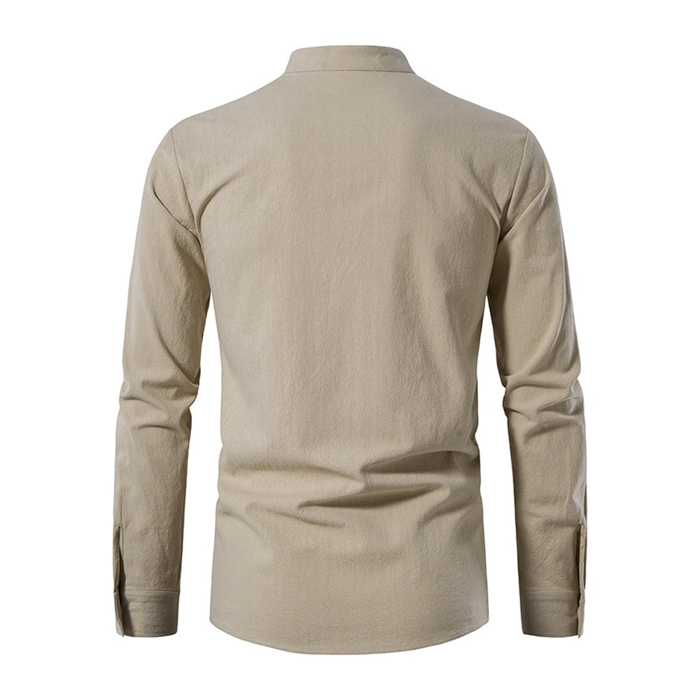 Men Cotton Linen Shirt Casual Shirts Long Sleeve Shirt V-neck Blouse Casual Harajuku Tops Thin Tees with Lace Up Men Clothing