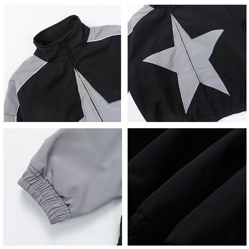 Spring Bomber Jacket Men Women Vintage Star Pattern Harajuku Y2k Windbreaker Coat Streetwear Zipper Patchwork Outerwear Unisex