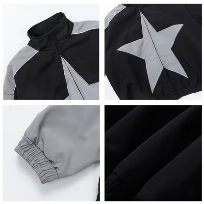 Spring Bomber Jacket Men Women Vintage Star Pattern Harajuku Y2k Windbreaker Coat Streetwear Zipper Patchwork Outerwear Unisex