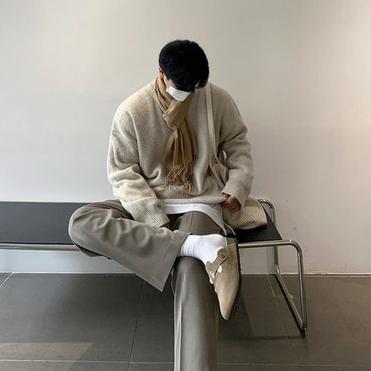 Winter Round Collar Mohair Solid Color Sweater Loose Korean Style Vintage Kintted Sweater Pullover Men Clothing