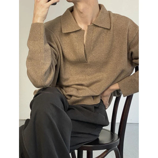 Autumn and Winter New Maillard Sweater Men V-neck Pullover Men High-end Loose Solid Color Long sleeve Korean Vintage Sweater