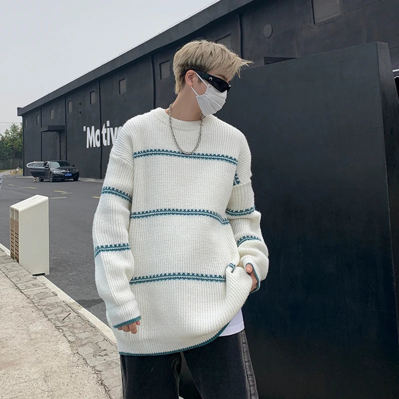 saferido Men Streetwear Harajuku Vintage Knitwears Oversized Knitted Sweater Winter Korean Fashions Striped Sweaters Pullovers