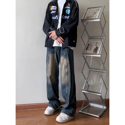 saferido Men's American High Street Dark Blue Color Casual Pants Fashion Trend Loose Personality Jeans Retro Loose Trousers M-5XL