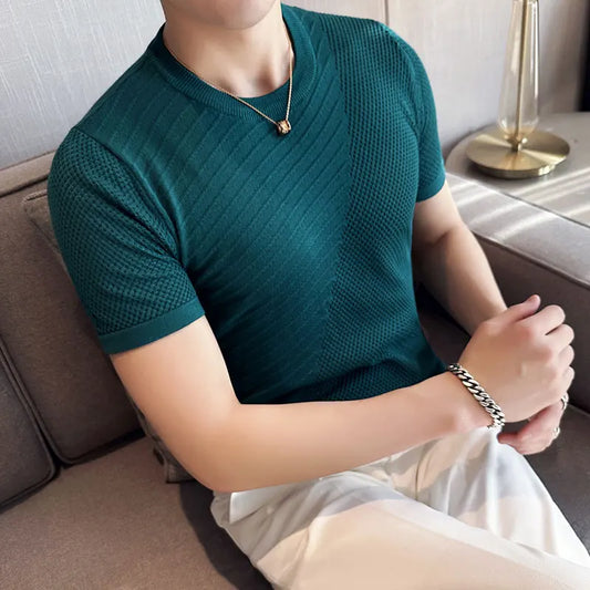 saferido  Korean Style Men's Summer Casual Short Sleeve Knitted T-shirt/Male Ice Silk Hollow Out Round Neck T-shirt S-3XL