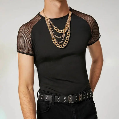 Fashion Men T Shirt Mesh Patchwork Streetwear Crew Neck Short Sleeve Casual Tee Tops Sexy Breathable Camisetas 5XL