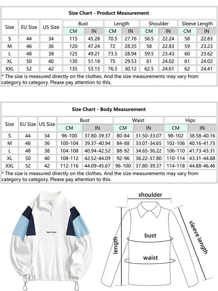 Hoodie for Men Fluffy Polar Fleece Sweatshirts New York Embroidery Turtleneck Hoodies Pullover Color Block Zipper Sweats