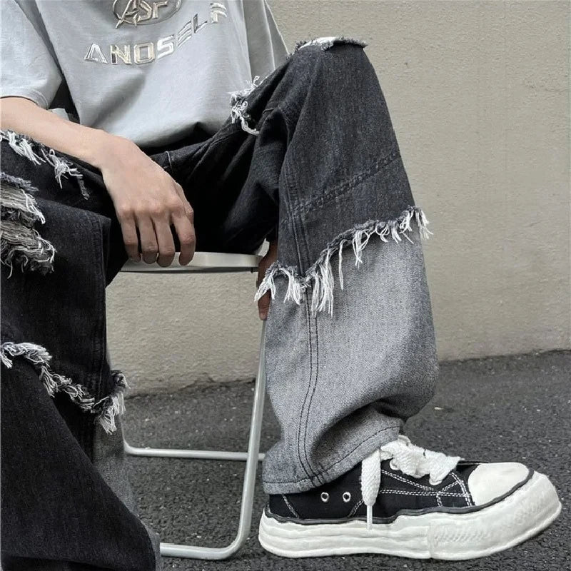 saferido American Style Fringed Denim Pant Tide Small Group Stitching Harajuku Wind Loose Stitching Burr High Street Casual Y2k Pants Men
