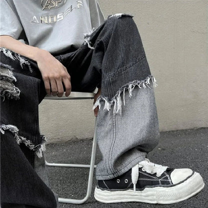 saferido American Style Fringed Denim Pant Tide Small Group Stitching Harajuku Wind Loose Stitching Burr High Street Casual Y2k Pants Men