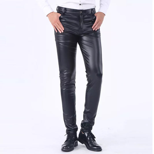 saferido Men's Leather Pants Spring Autumn Slim Fit Elastic Style Male Fashion PU Leather Trousers Moto Pants Solid Color Casual Bottoms